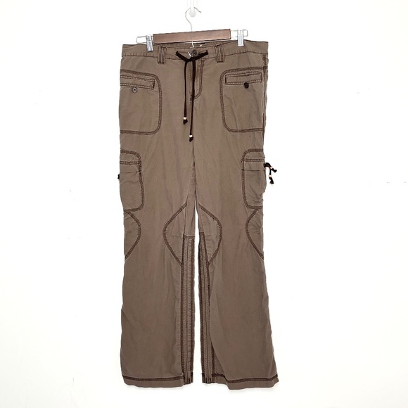 VTG Y2K Unionbay Brown Cargo Pants 100% Cotton 33" Drawstring Waist Size 11 - Picture 1 of 4